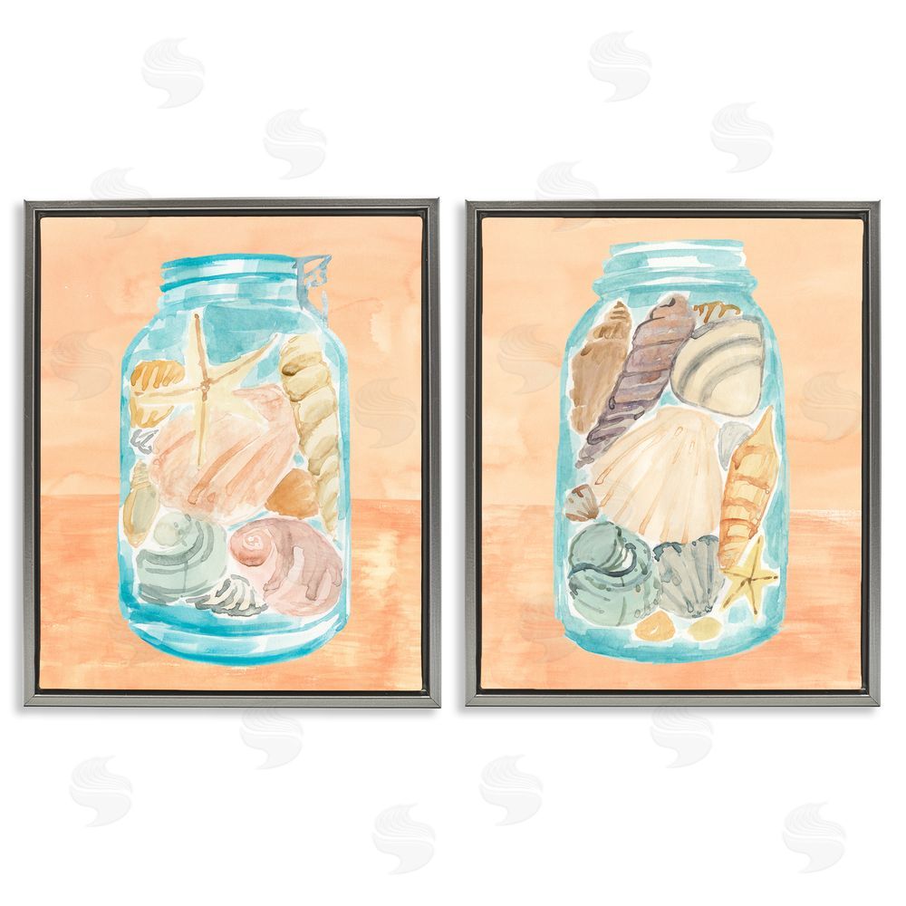 Annie Warren Beach Shells In Jar Painting Gray Floating Frame Canvas Wall Art Print