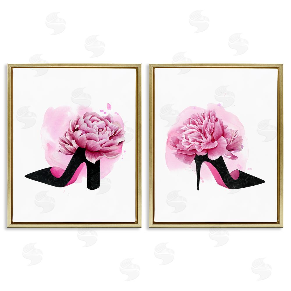 Grace Popp Flower Heel Pink Black Glam Fashion Gold Floating Frame Canvas Wall Art Print