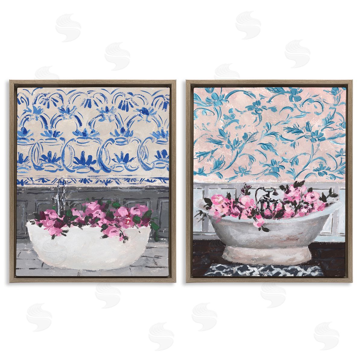 Flowers In Bath Tub Interior Design Brown Floating Frame Canvas Wall Art, Home Decor by Melissa Wang