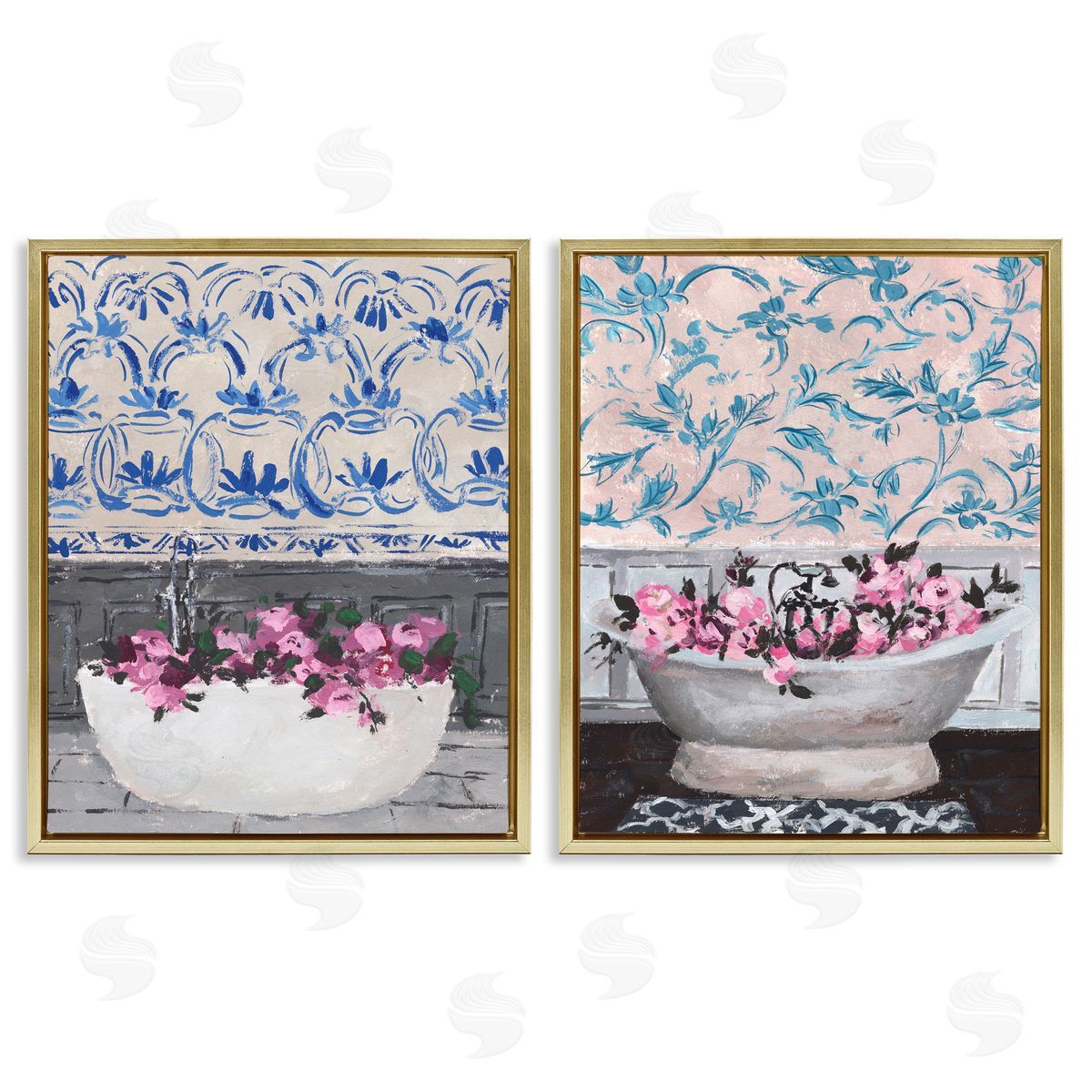 Flowers In Bath Tub Interior Design Gold Floating Frame Canvas Wall Art, Home Decor by Melissa Wang