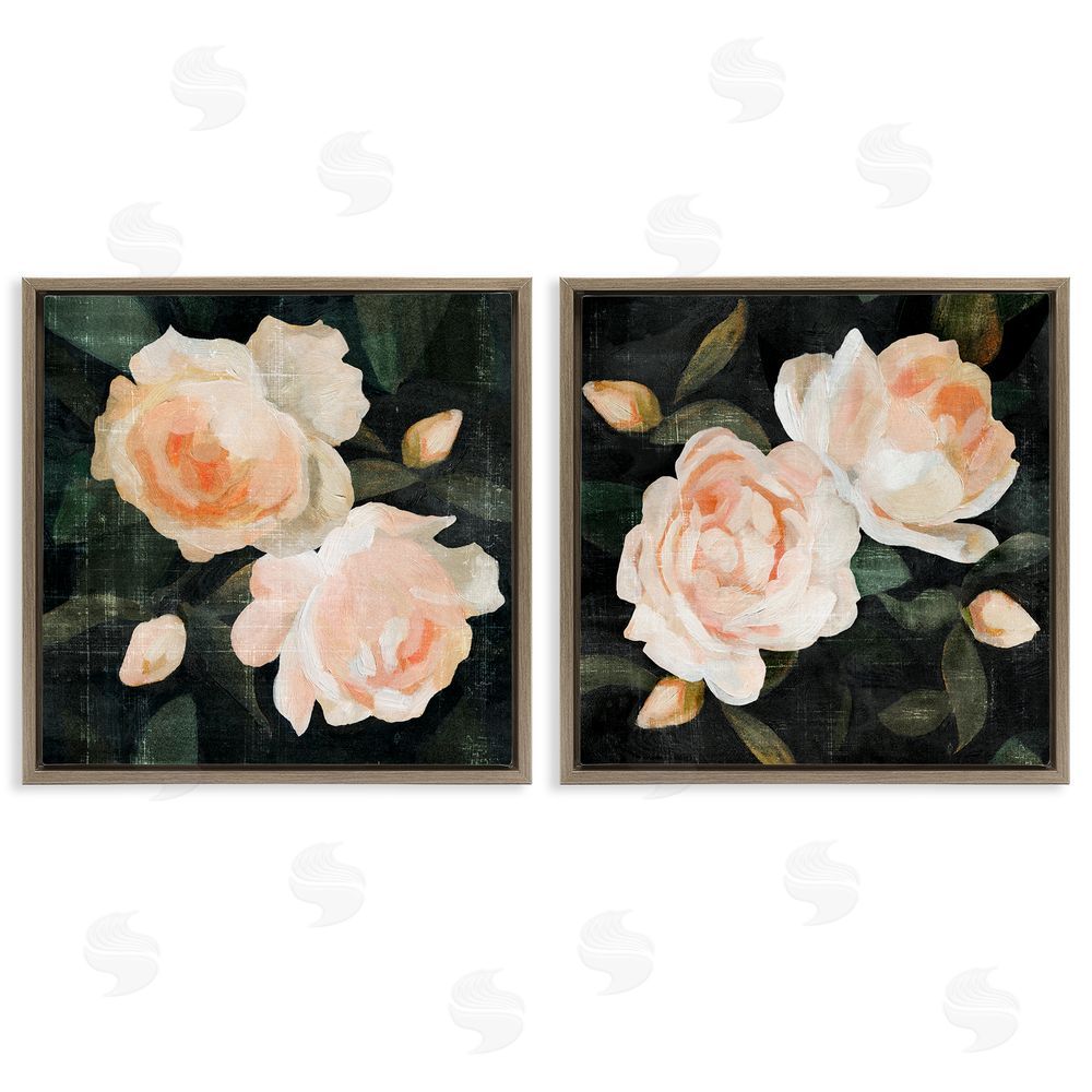 Emma Caroline Country Rose Garden Pink Green Nature Brown Floating Frame Canvas Wall Art Print