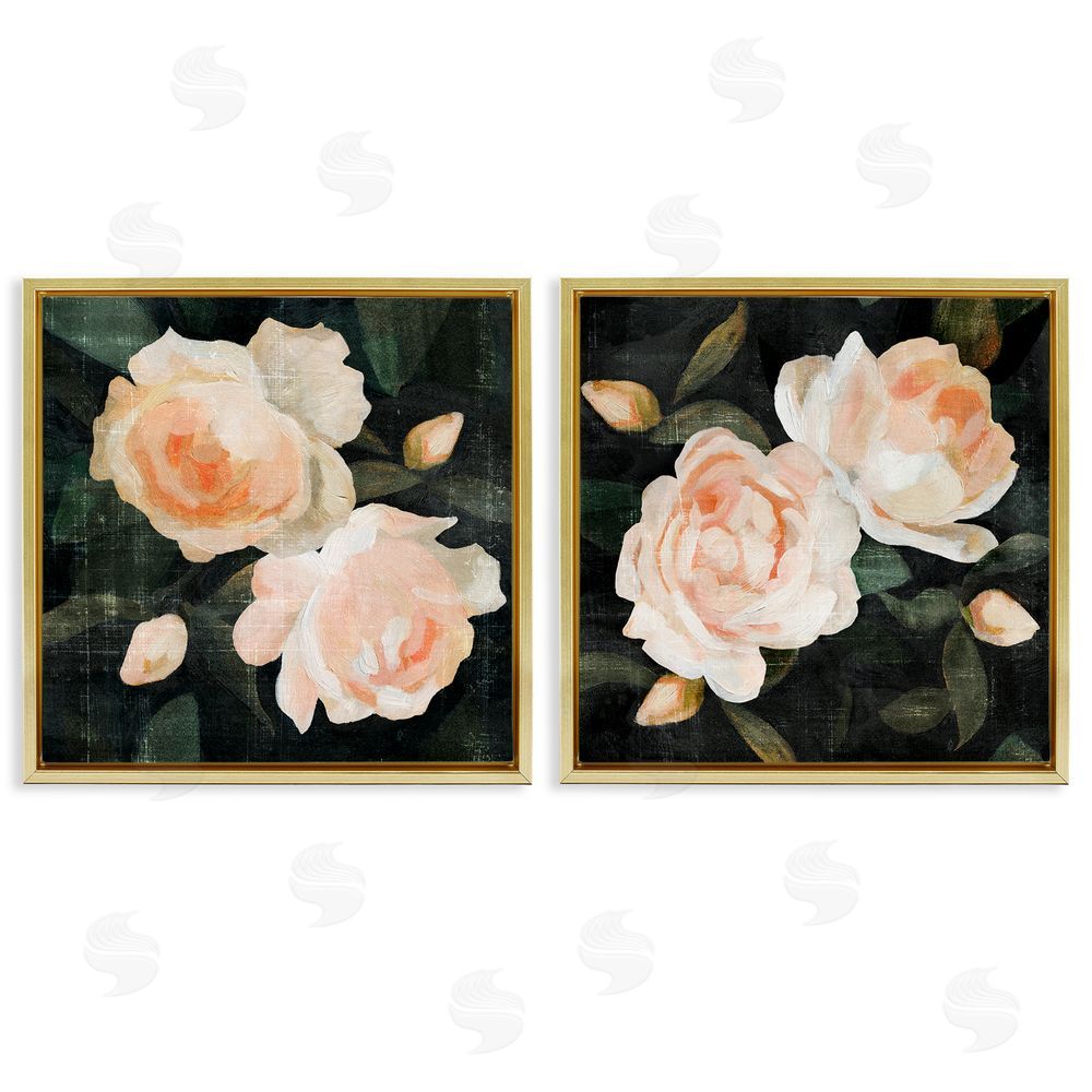 Emma Caroline Country Rose Garden Pink Green Nature Gold Floating Frame Canvas Wall Art Print