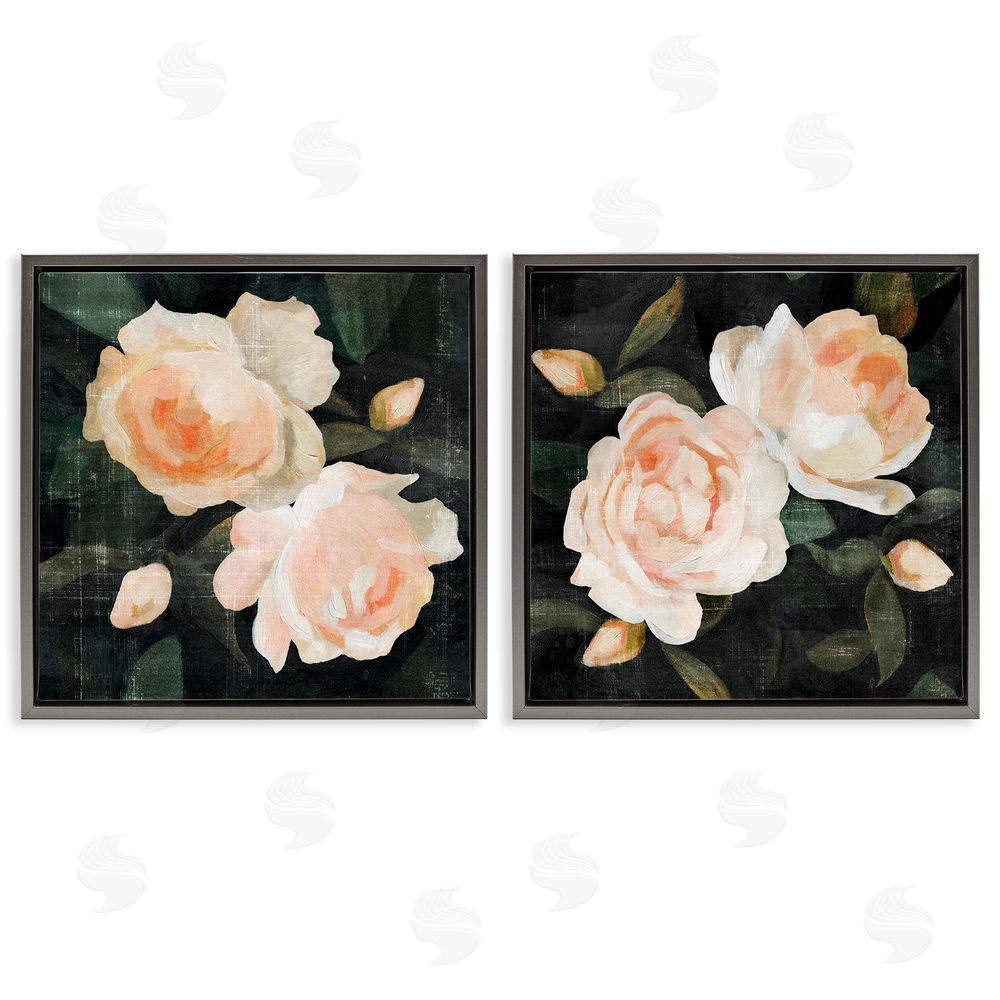 Emma Caroline Country Rose Garden Pink Green Nature Gray Floating Frame Canvas Wall Art Print