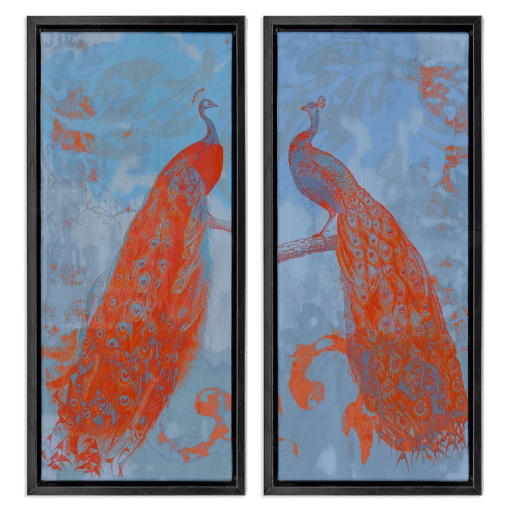 Jennifer Goldberger Elegant Peacock Feathers Forest Bird Black Floating Frame Canvas Wall Art Print
