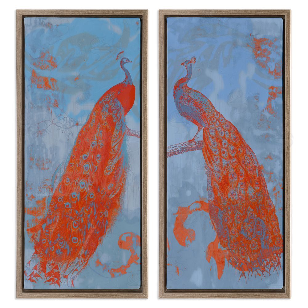 Jennifer Goldberger Elegant Peacock Feathers Forest Bird Brown Floating Frame Canvas Wall Art Print