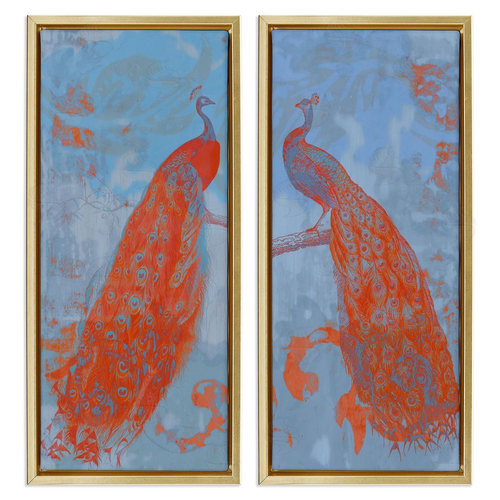 Jennifer Goldberger Elegant Peacock Feathers Forest Bird Gold Floating Frame Canvas Wall Art Print