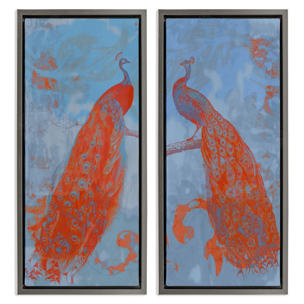 Jennifer Goldberger Elegant Peacock Feathers Forest Bird Gray Floating Frame Canvas Wall Art Print