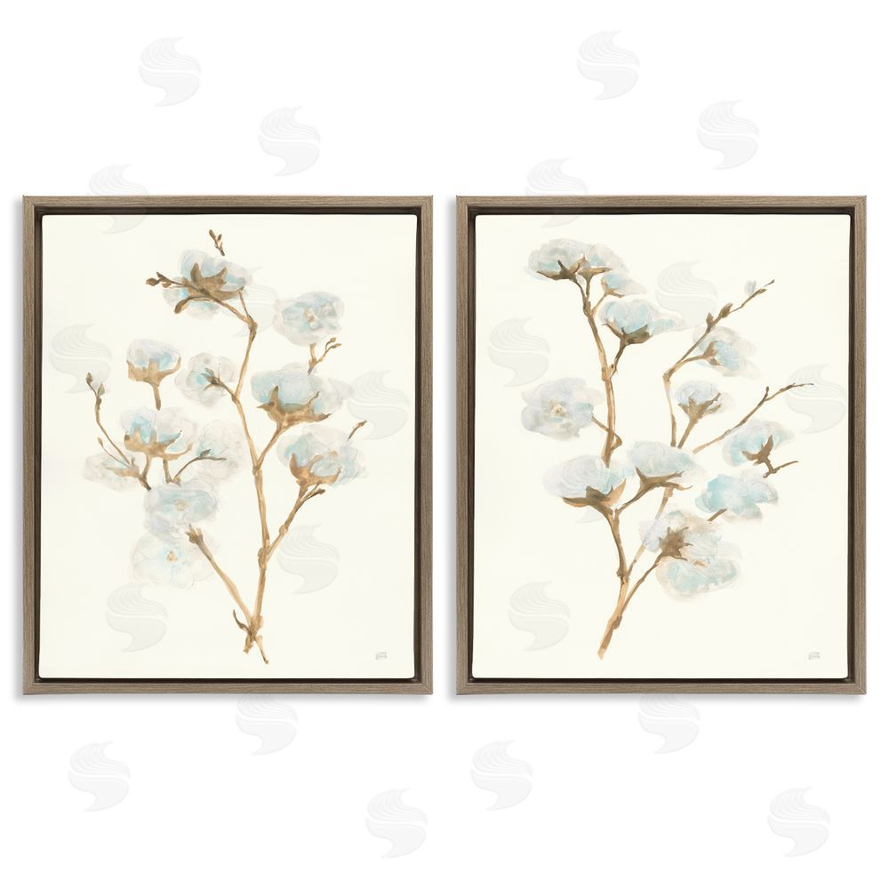 Chris Paschke Cotton Flower Stems Rustic Floral Brown Floating Frame Canvas Wall Art Print