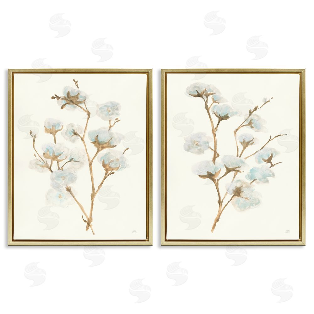 Chris Paschke Cotton Flower Stems Rustic Floral Gold Floating Frame Canvas Wall Art Print