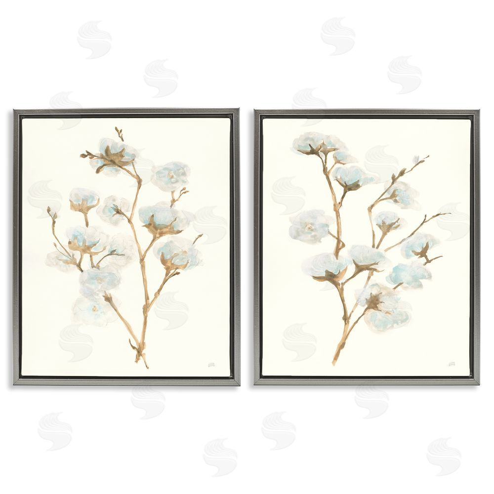 Chris Paschke Cotton Flower Stems Rustic Floral Gray Floating Frame Canvas Wall Art Print