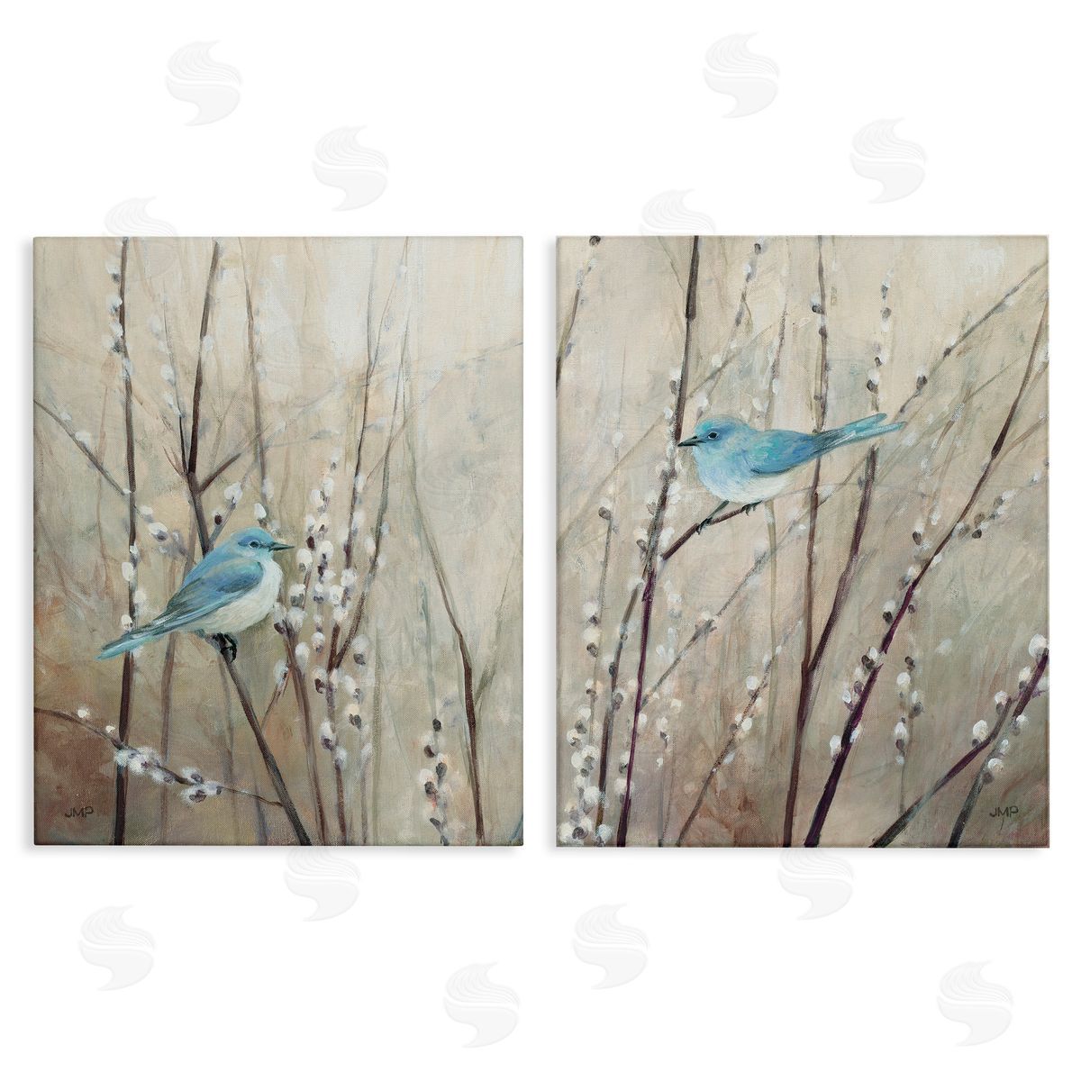 Peaceful Perched Blue Birds Canvas Wall Art, Home Decor by Julia Purinton
