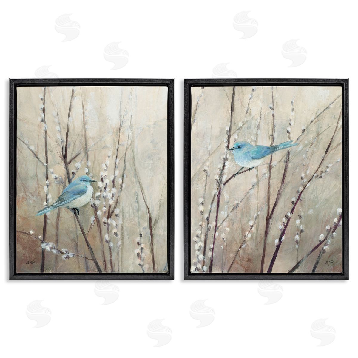 Peaceful Perched Blue Birds Black Floating Frame Canvas Wall Art, Home Decor by Julia Purinton