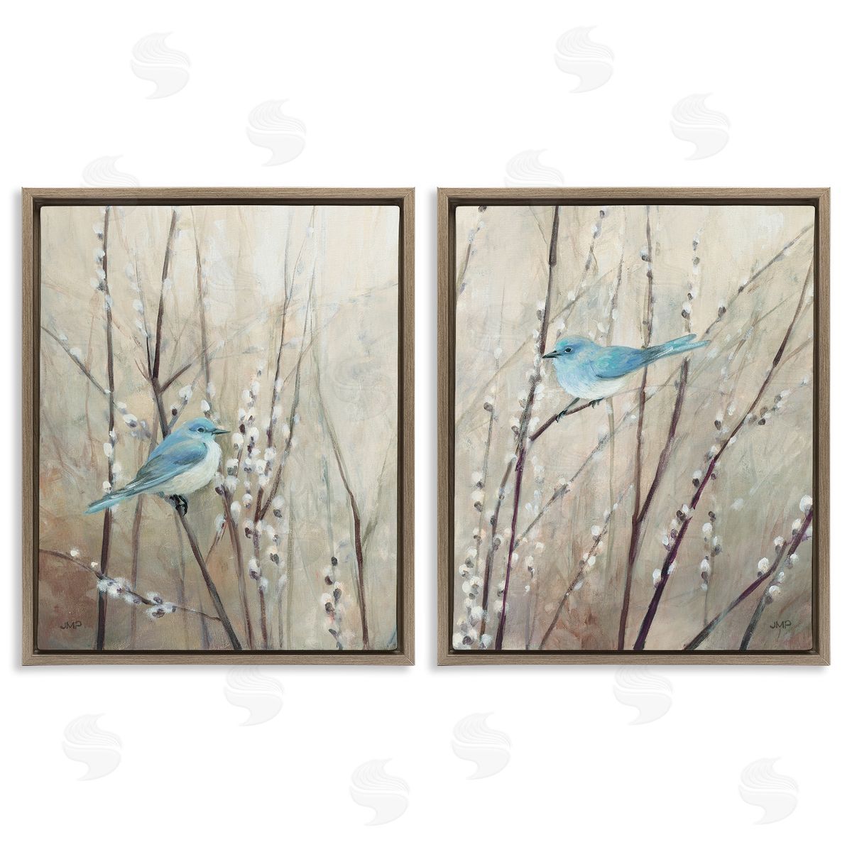 Peaceful Perched Blue Birds Brown Floating Frame Canvas Wall Art, Home Decor by Julia Purinton