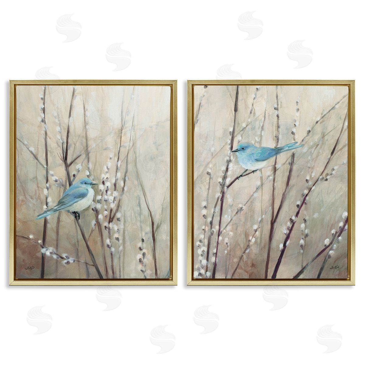 Peaceful Perched Blue Birds Gold Floating Frame Canvas Wall Art, Home Decor by Julia Purinton
