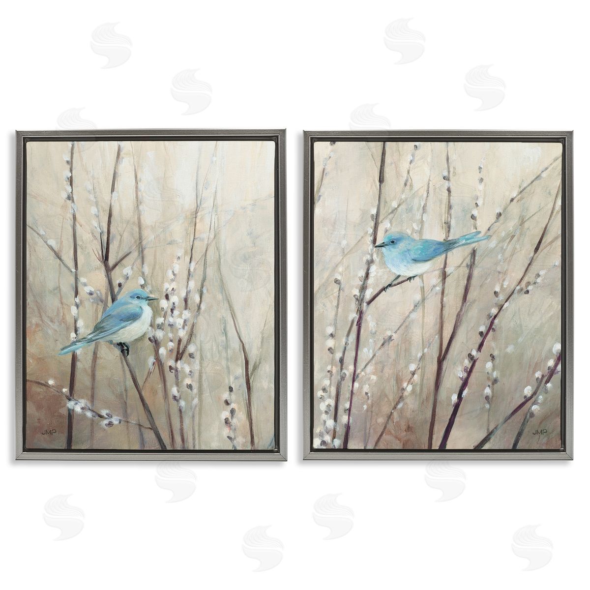Peaceful Perched Blue Birds Grey Floating Frame Canvas Wall Art, Home Decor by Julia Purinton