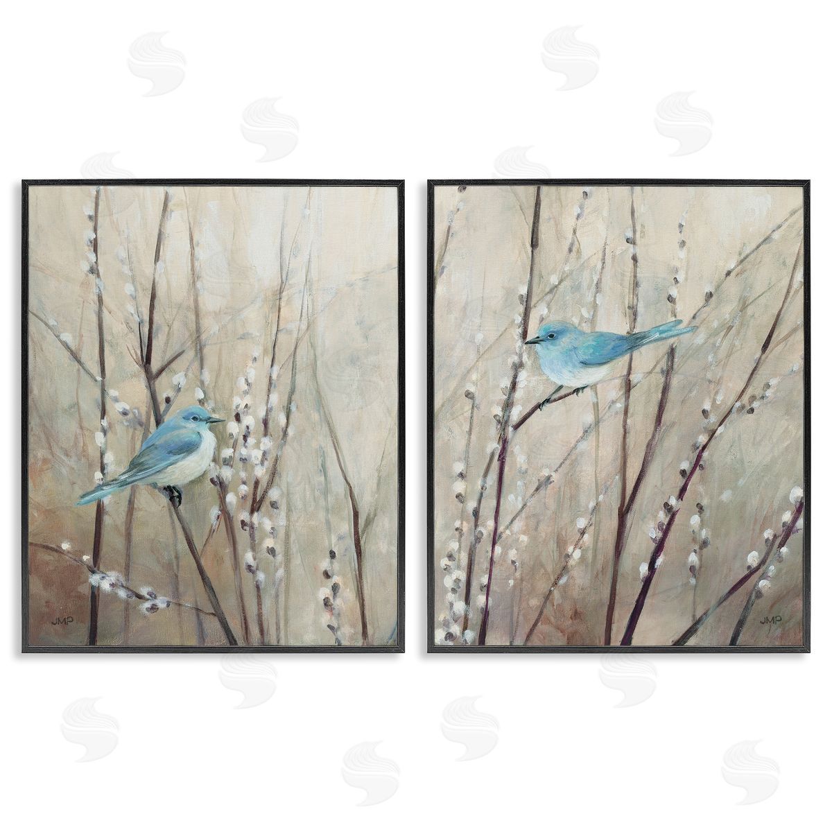 Peaceful Perched Blue Birds Black Frame Print Wall Art, Home Decor by Julia Purinton