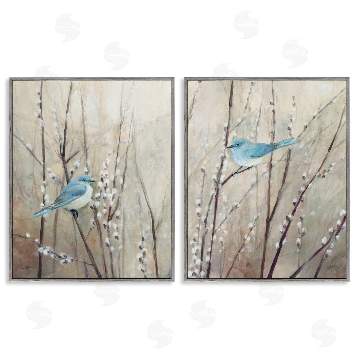 Peaceful Perched Blue Birds Grey Frame Print Wall Art, Home Decor by Julia Purinton