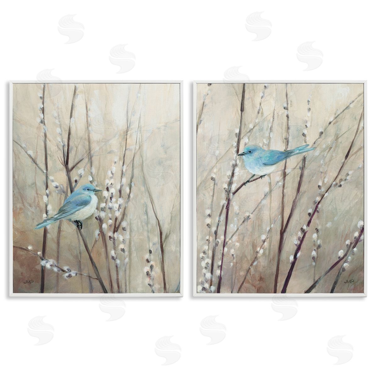 Peaceful Perched Blue Birds White Frame Print Wall Art, Home Decor by Julia Purinton