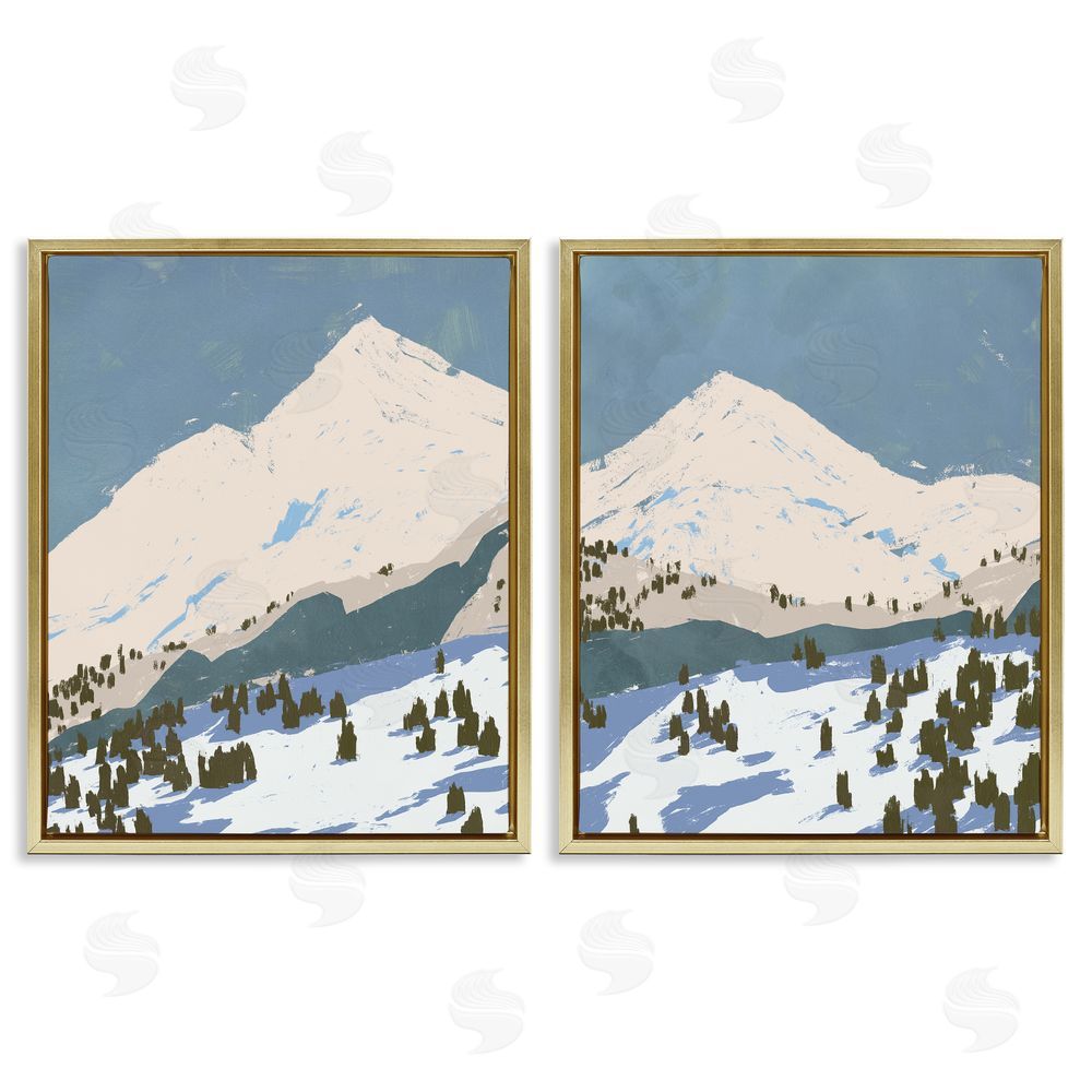 Jacob Green Snowy Mountain Calming Blue Peaks Gold Floating Frame Canvas Wall Art Print