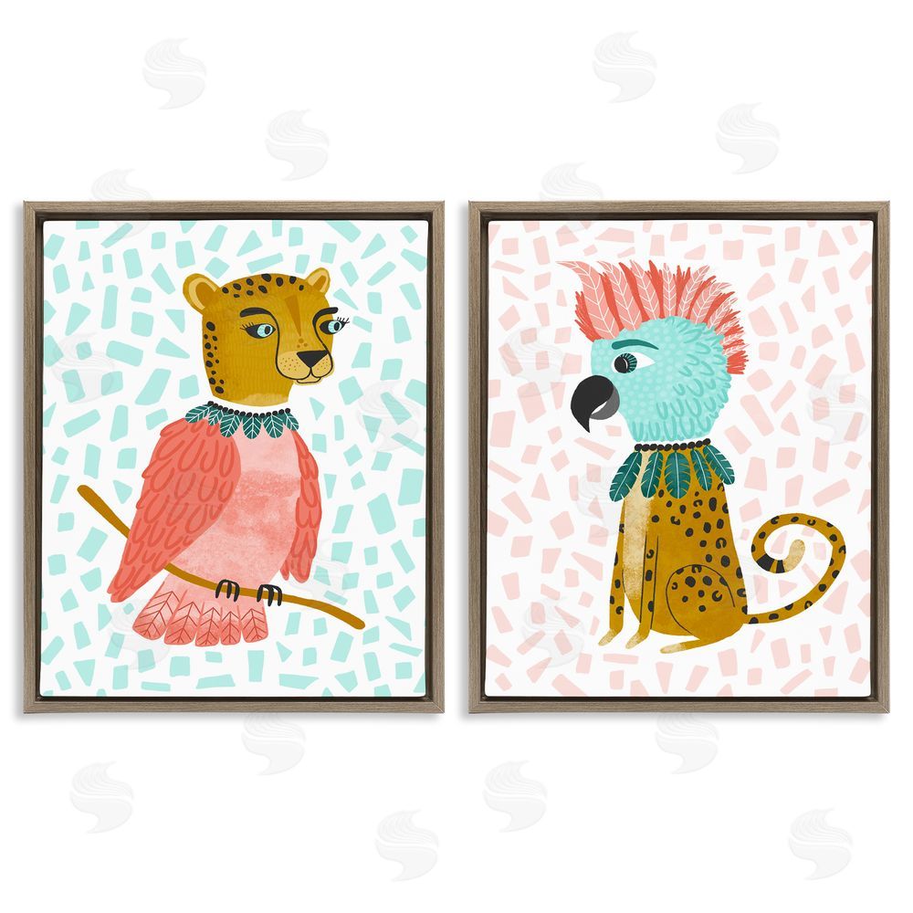 Molly Fabiano Cheetah Bird Playful Animal Mix Up Brown Floating Frame Canvas Wall Art Print