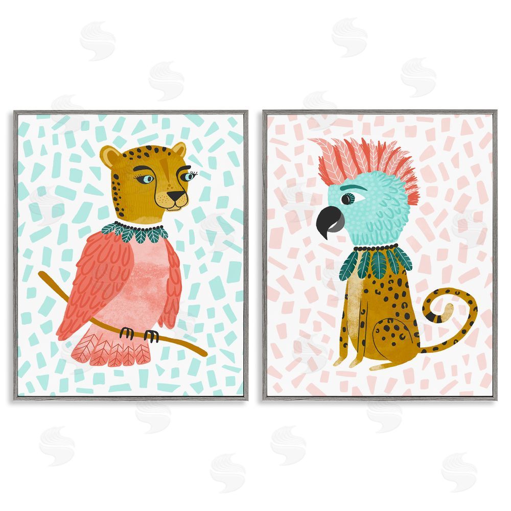 Molly Fabiano Cheetah Bird Playful Animal Mix Up Gray Framed Giclee Wall Art Print