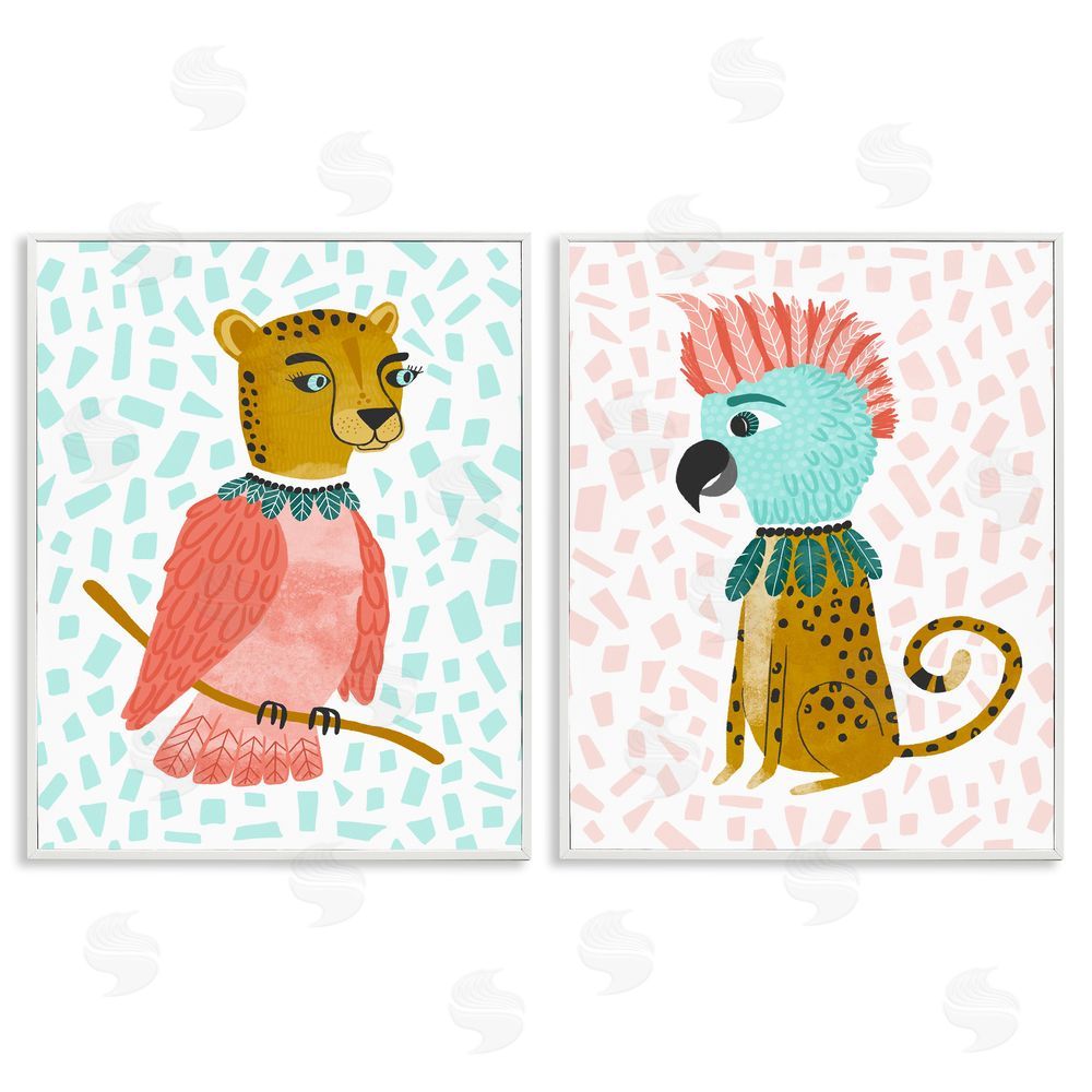 Molly Fabiano Cheetah Bird Playful Animal Mix Up White Framed Giclee Wall Art Print