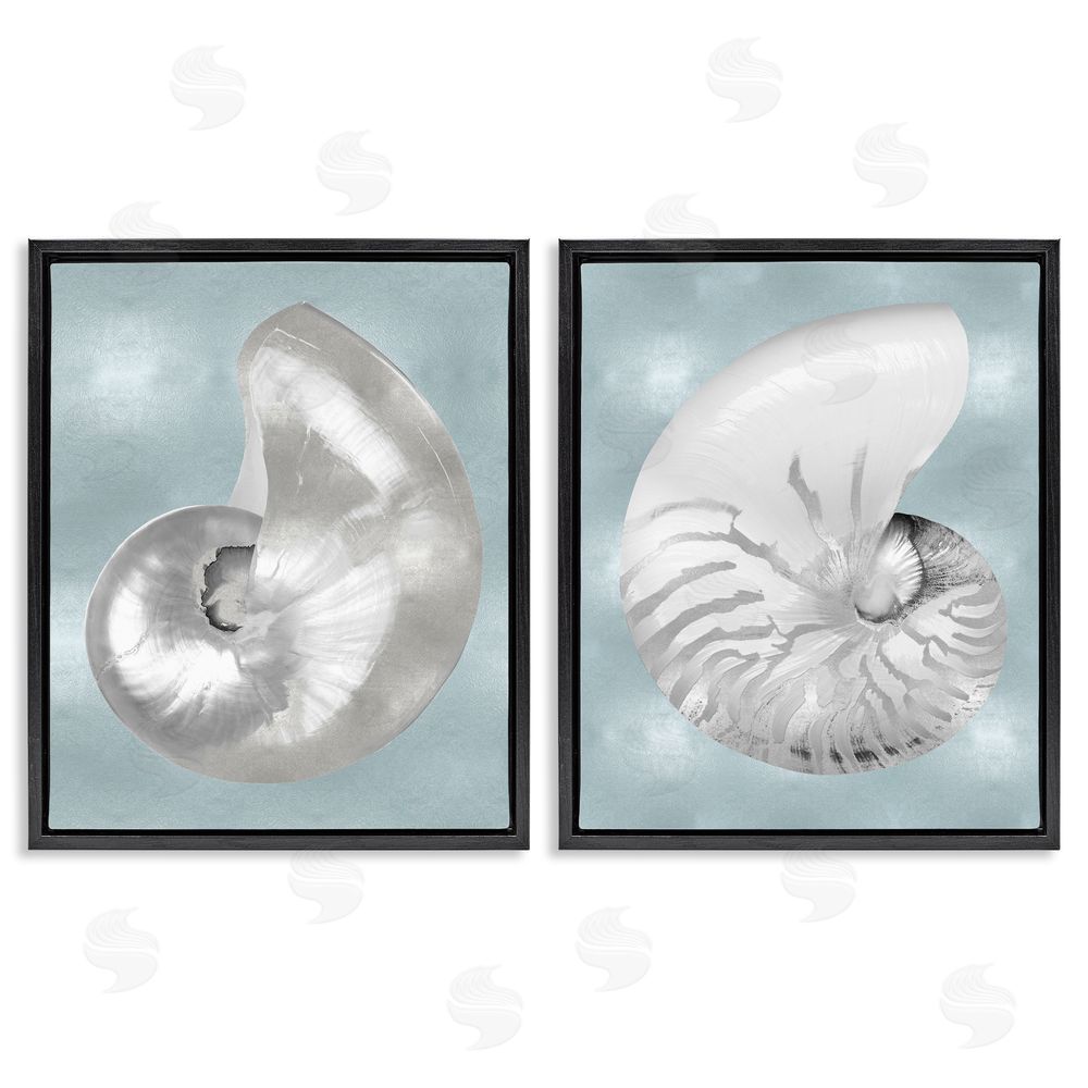 Caroline Kelly Minimal Nautilus Shell Silver Glam Black Floating Frame Canvas Wall Art Print