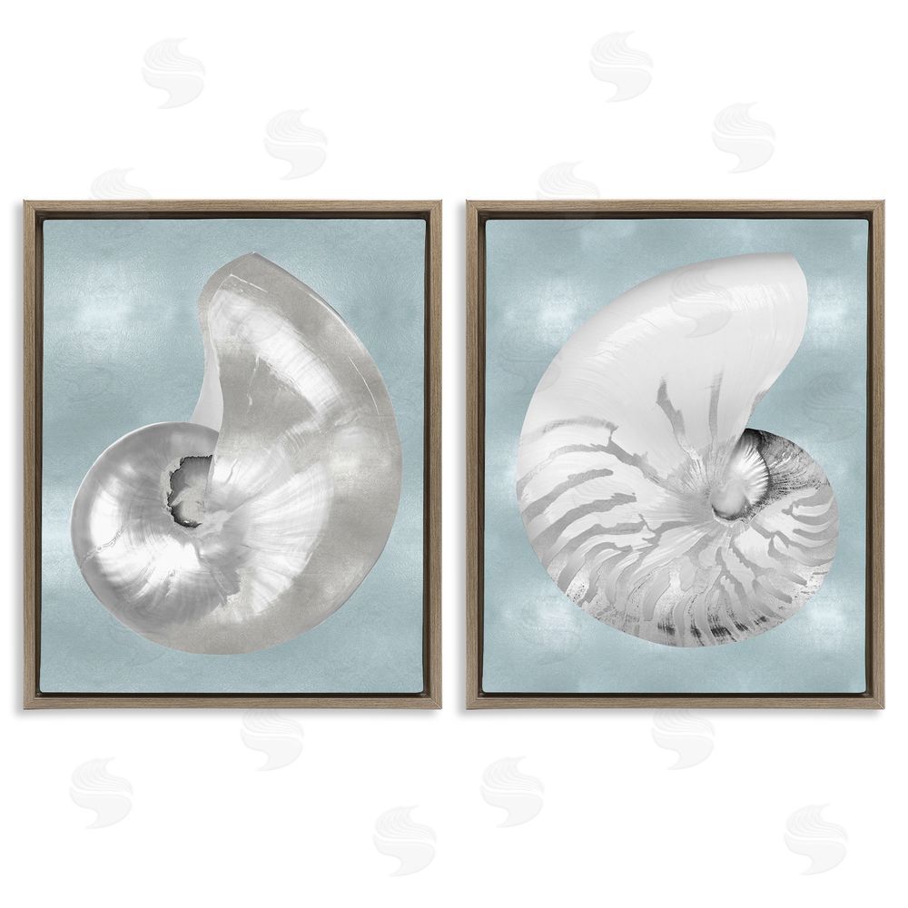 Caroline Kelly Minimal Nautilus Shell Silver Glam Brown Floating Frame Canvas Wall Art Print