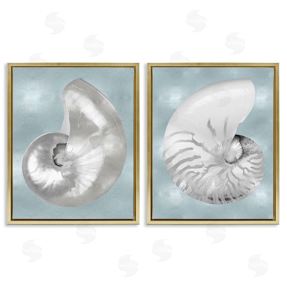 Caroline Kelly Minimal Nautilus Shell Silver Glam Gold Floating Frame Canvas Wall Art Print