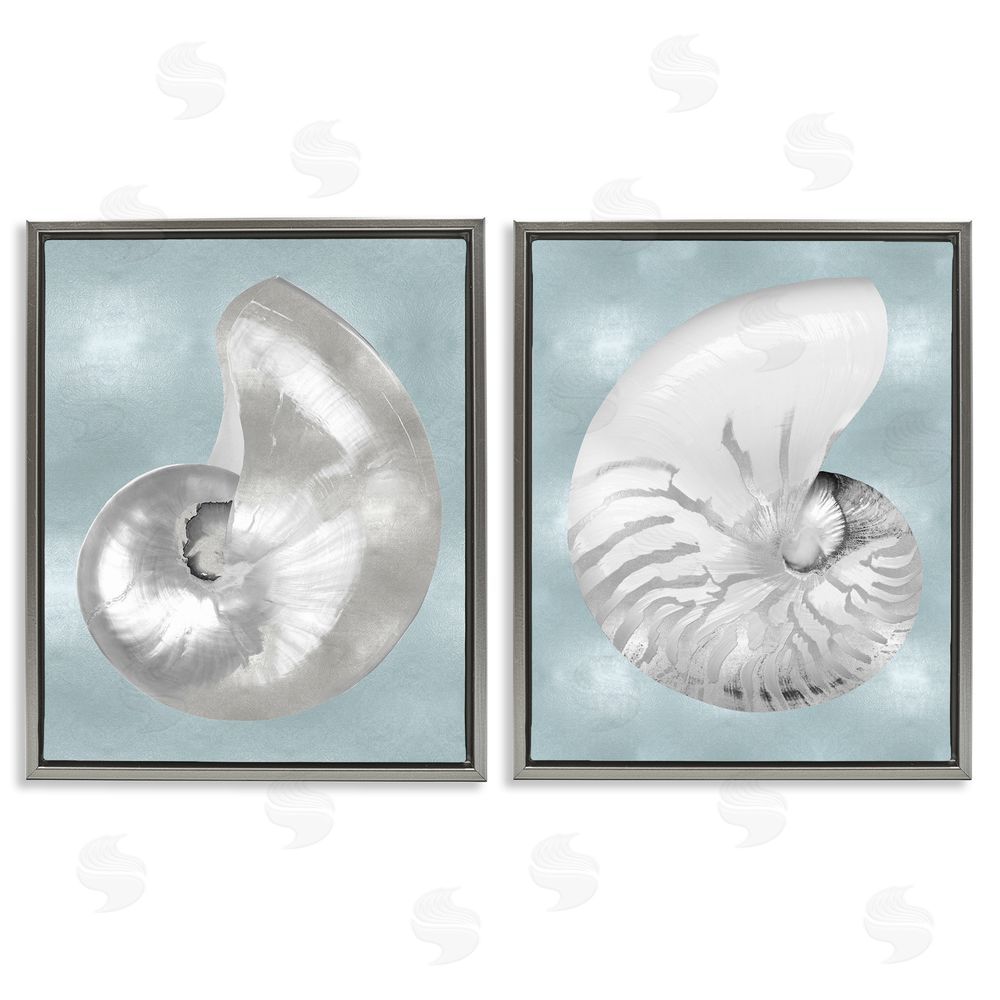 Caroline Kelly Minimal Nautilus Shell Silver Glam Gray Floating Frame Canvas Wall Art Print