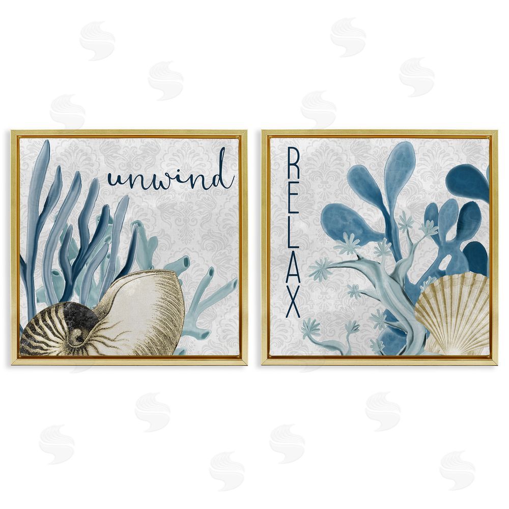 Kim Allen Relax and Unwind Nautical Sentiments Gold Floating Frame Canvas Wall Art Print