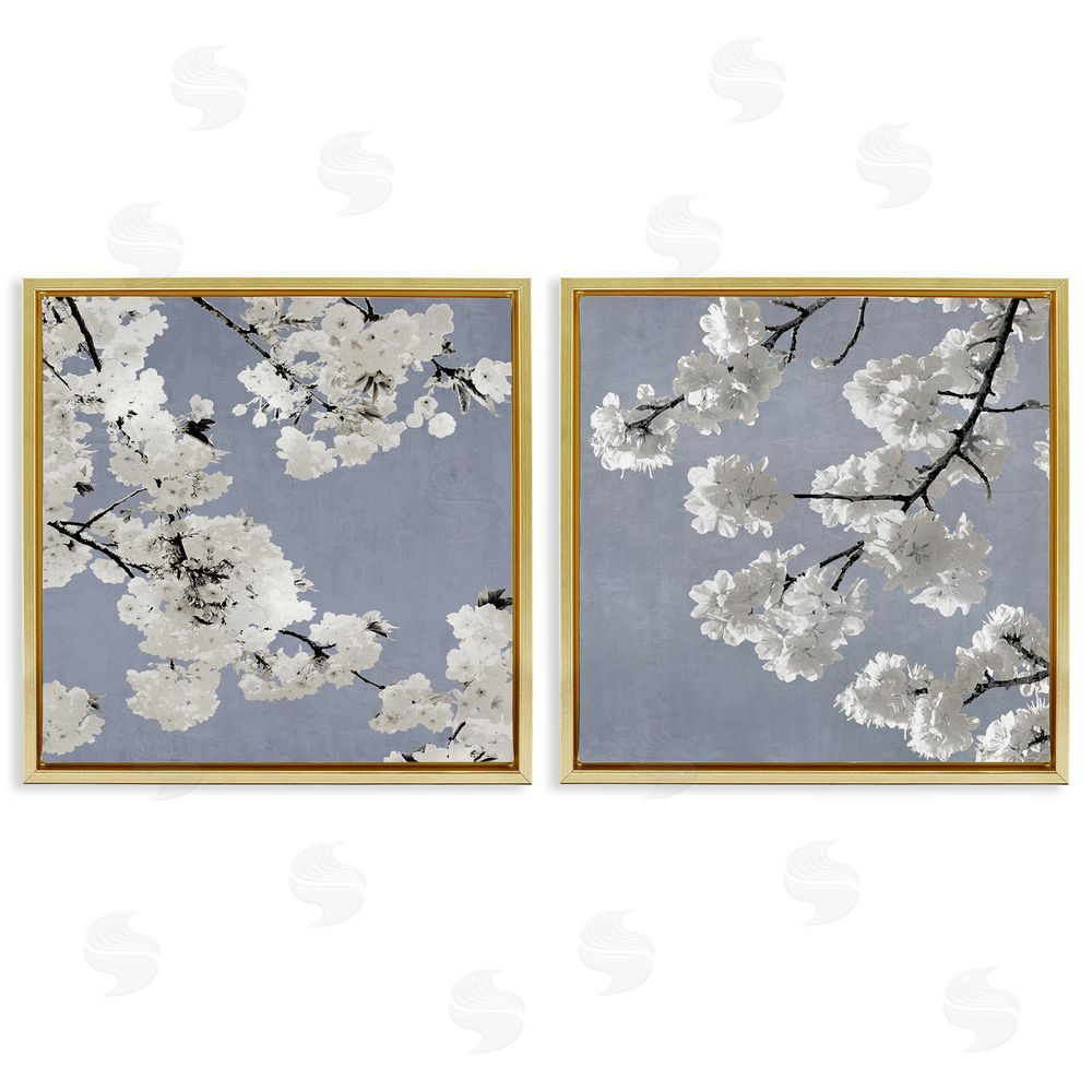Kate Bennett White Cherry Blossom Tree Branches Gold Floating Frame Canvas Wall Art Print