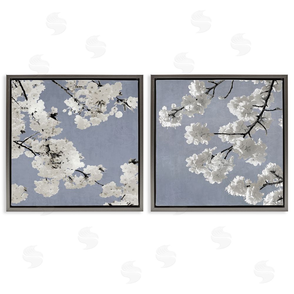 Kate Bennett White Cherry Blossom Tree Branches Gray Floating Frame Canvas Wall Art Print