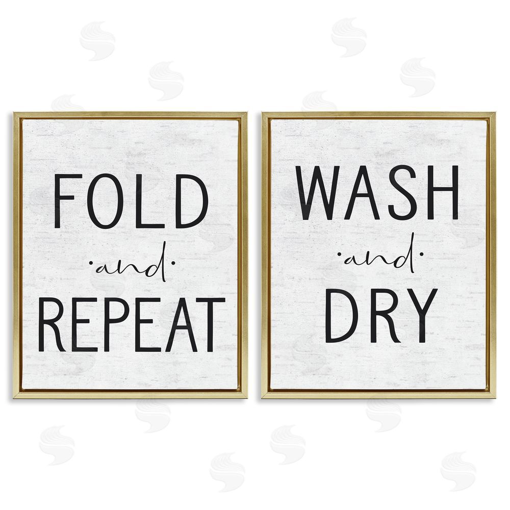 Lettered and Lined Charming Laundry Fold Repeat Gold Floating Frame Canvas Wall Art Print