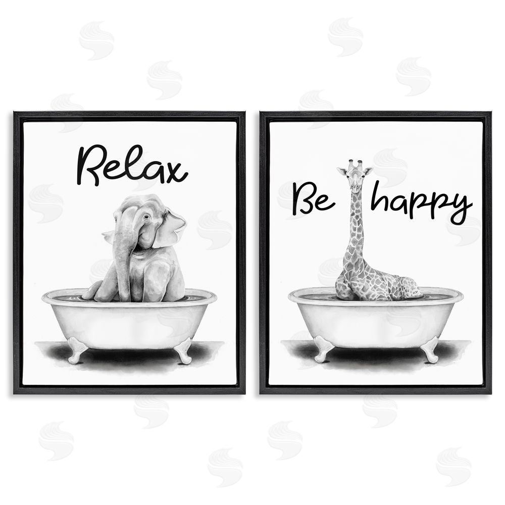 Rachel Nieman Be Happy & Relax Jungle Animal Bathtub Black Floating Frame Canvas Wall Art Print
