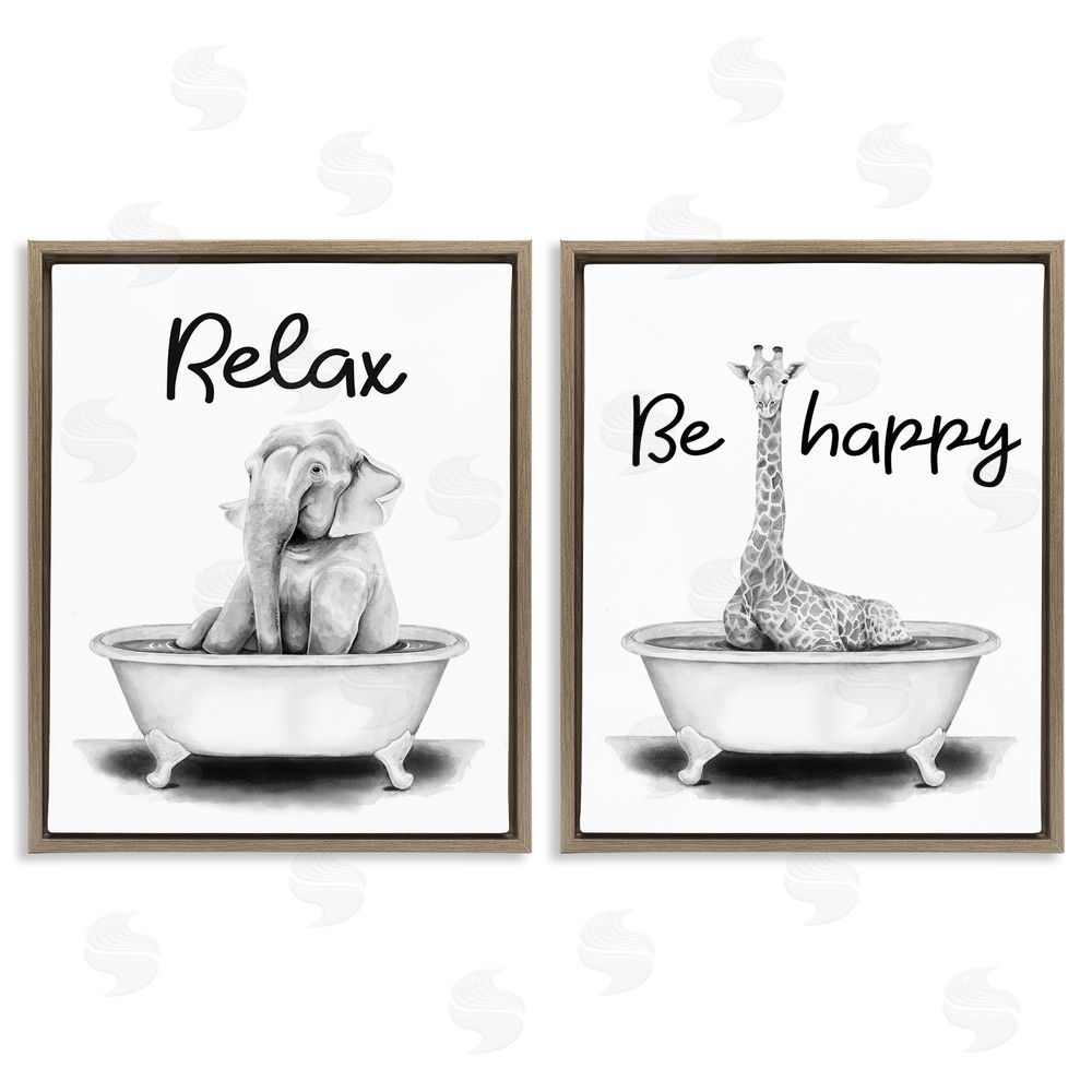 Rachel Nieman Be Happy & Relax Jungle Animal Bathtub Brown Floating Frame Canvas Wall Art Print