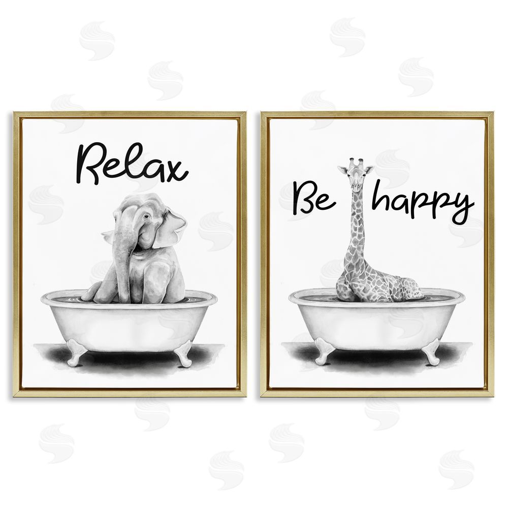 Rachel Nieman Be Happy & Relax Jungle Animal Bathtub Gold Floating Frame Canvas Wall Art Print