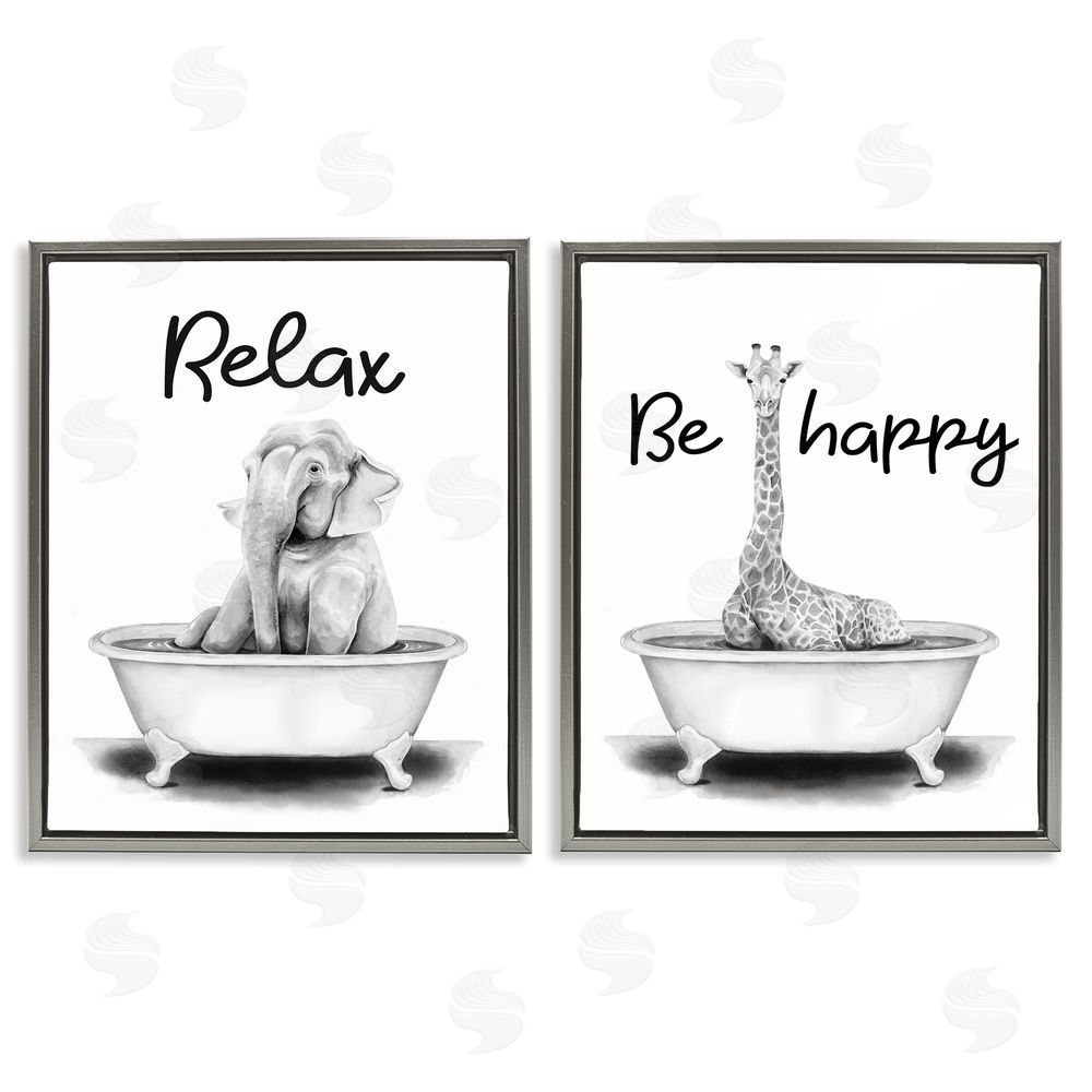 Rachel Nieman Be Happy & Relax Jungle Animal Bathtub Gray Floating Frame Canvas Wall Art Print