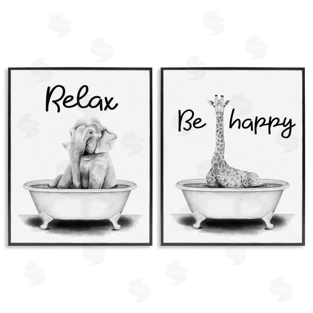 Rachel Nieman Be Happy & Relax Jungle Animal Bathtub Black Framed Giclee Wall Art Print