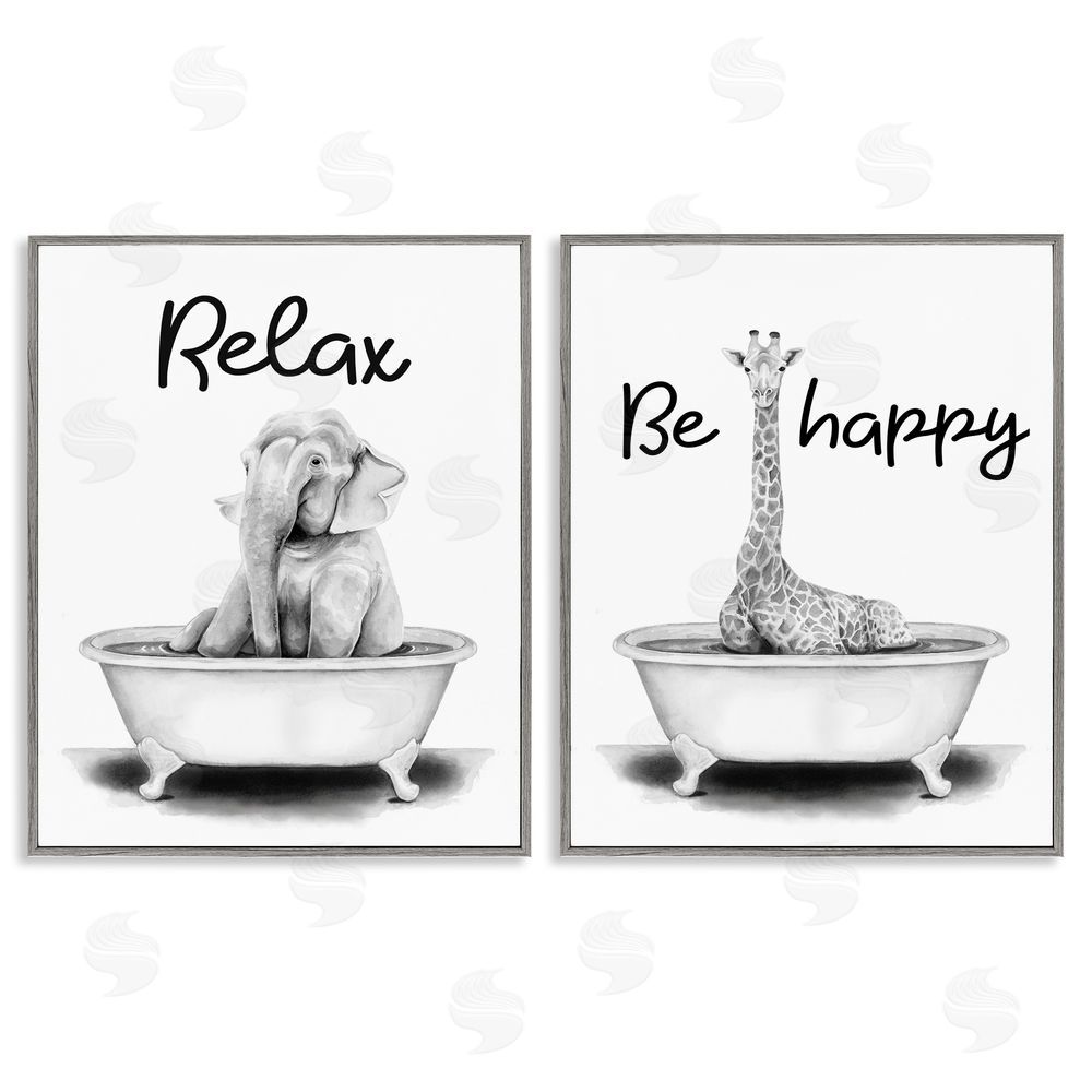 Rachel Nieman Be Happy & Relax Jungle Animal Bathtub Gray Framed Giclee Wall Art Print