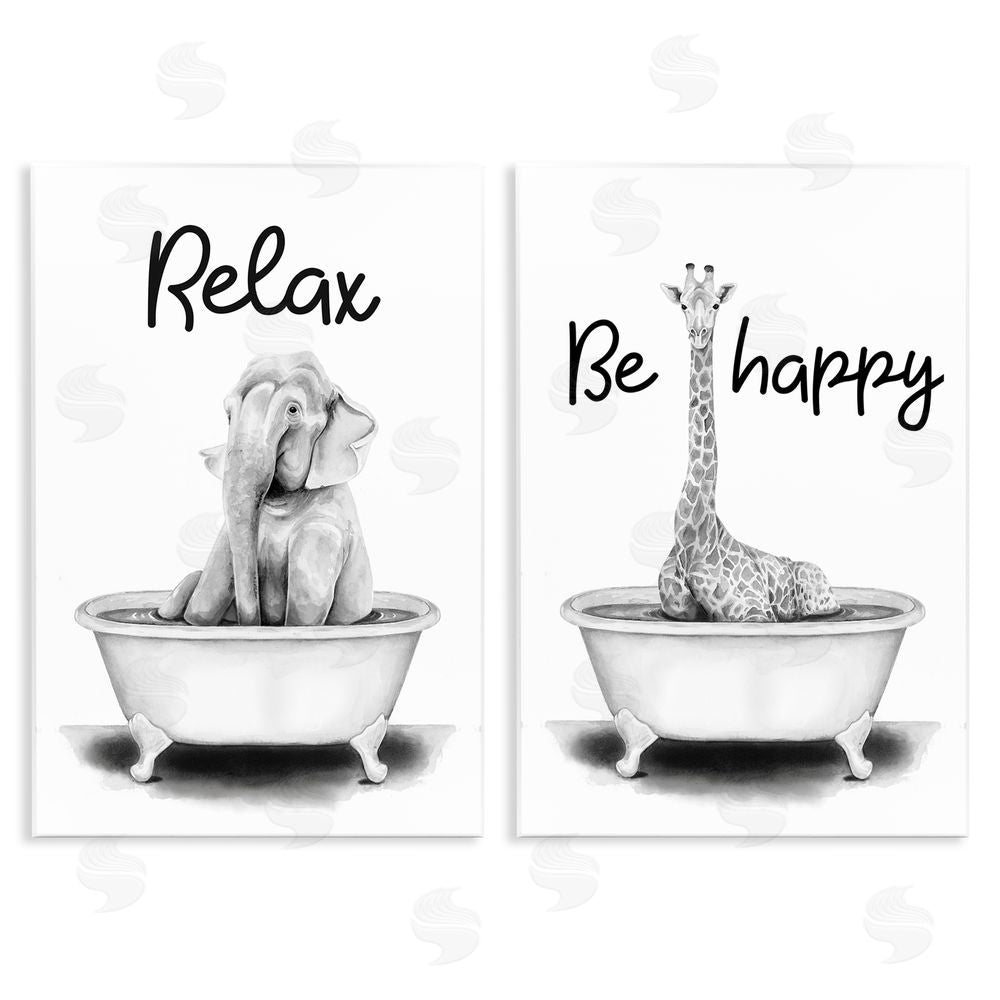 Rachel Nieman Be Happy & Relax Jungle Animal Bathtub Wooden Wall Plaque Art Print