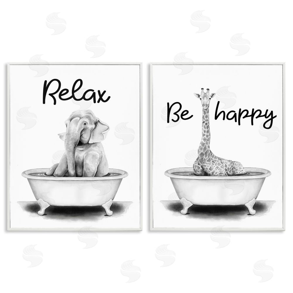 Rachel Nieman Be Happy & Relax Jungle Animal Bathtub White Framed Giclee Wall Art Print