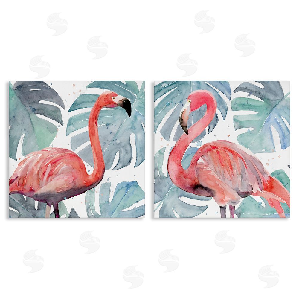 Annie Warren Tropical Flamingos with Green Monstera Plants Canvas Wall Art Print