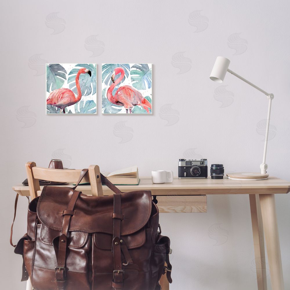 Annie Warren Tropical Flamingos with Green Monstera Plants Canvas Wall Art Print in Room