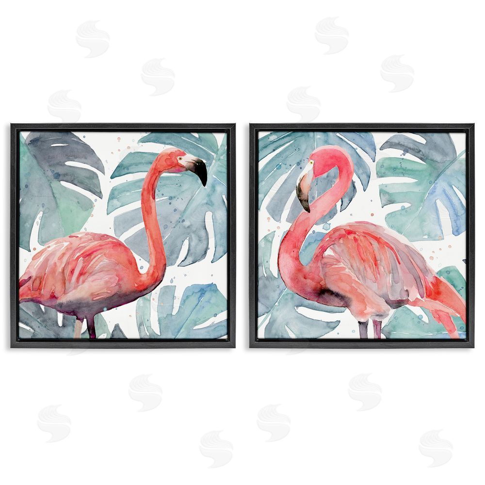 Annie Warren Tropical Flamingos with Green Monstera Plants Black Floating Frame Canvas Wall Art Print