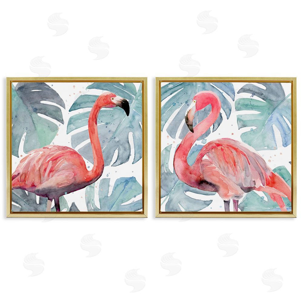 Annie Warren Tropical Flamingos with Green Monstera Plants Gold Floating Frame Canvas Wall Art Print