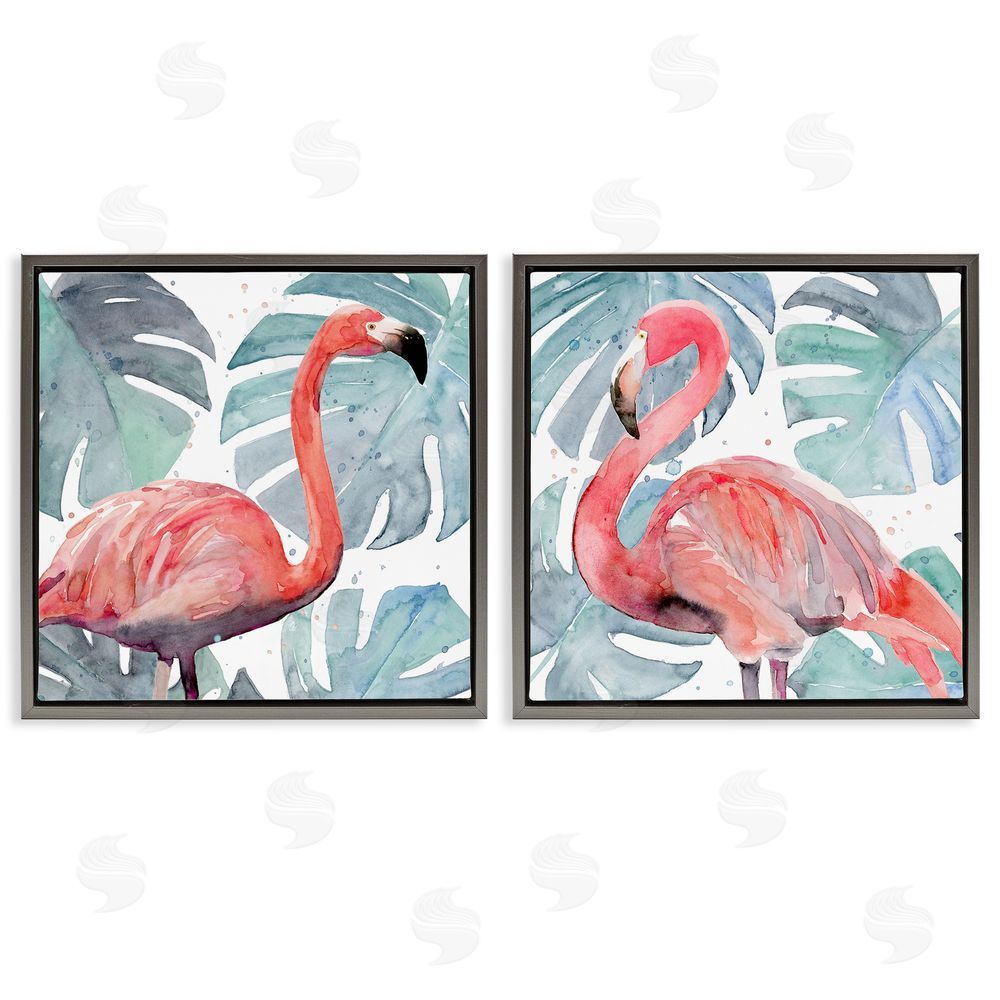 Annie Warren Tropical Flamingos with Green Monstera Plants Gray Floating Frame Canvas Wall Art Print