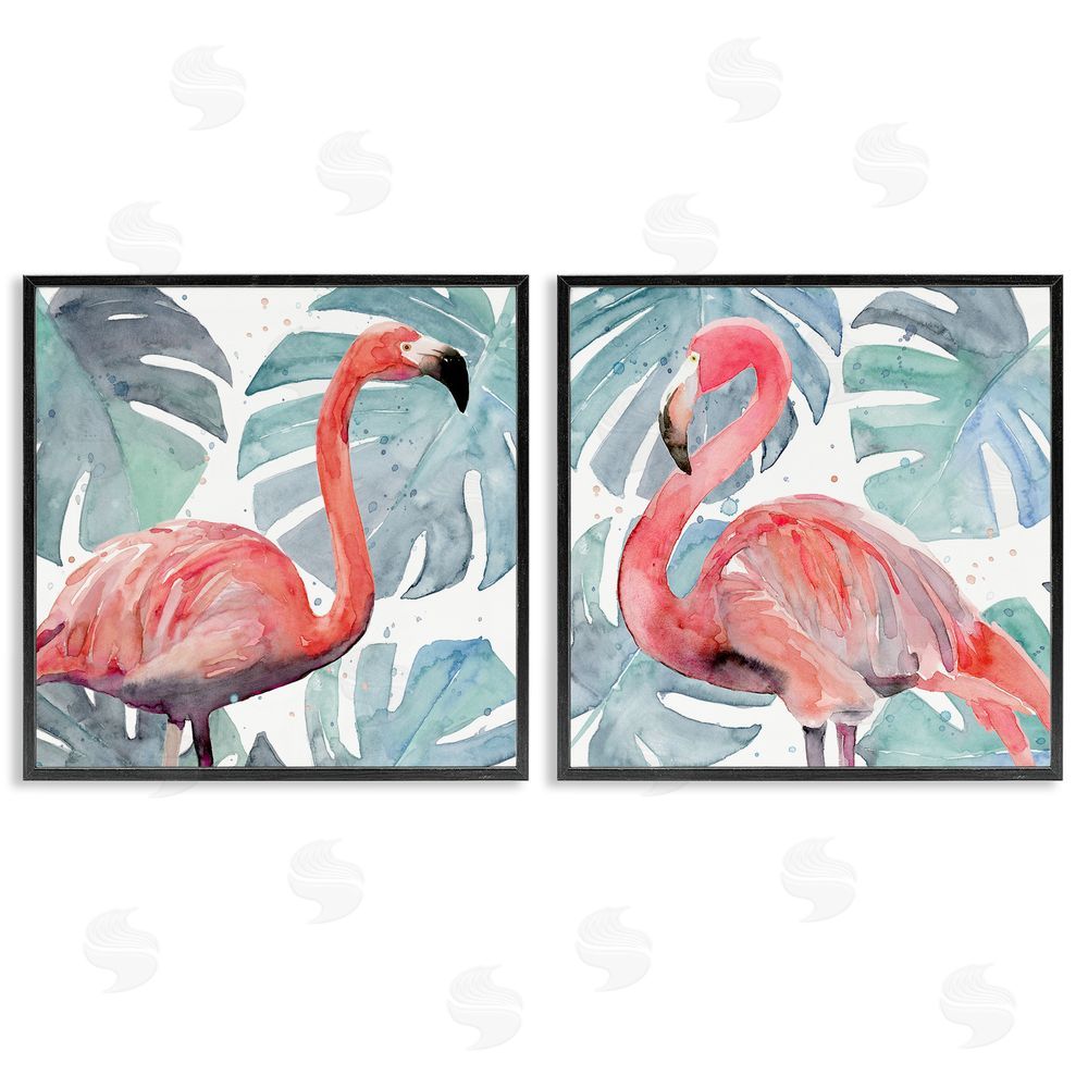 Annie Warren Tropical Flamingos with Green Monstera Plants Black Framed Giclee Wall Art Print