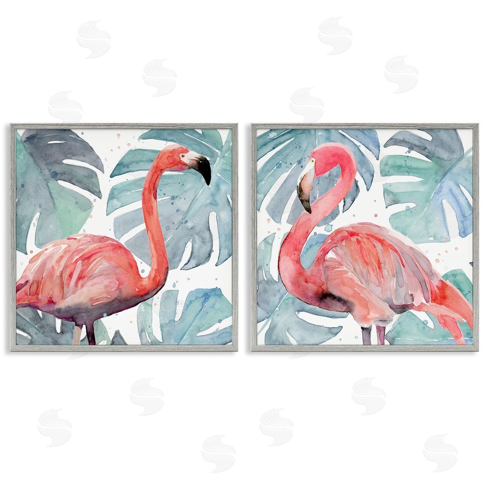 Annie Warren Tropical Flamingos with Green Monstera Plants Gray Framed Giclee Wall Art Print