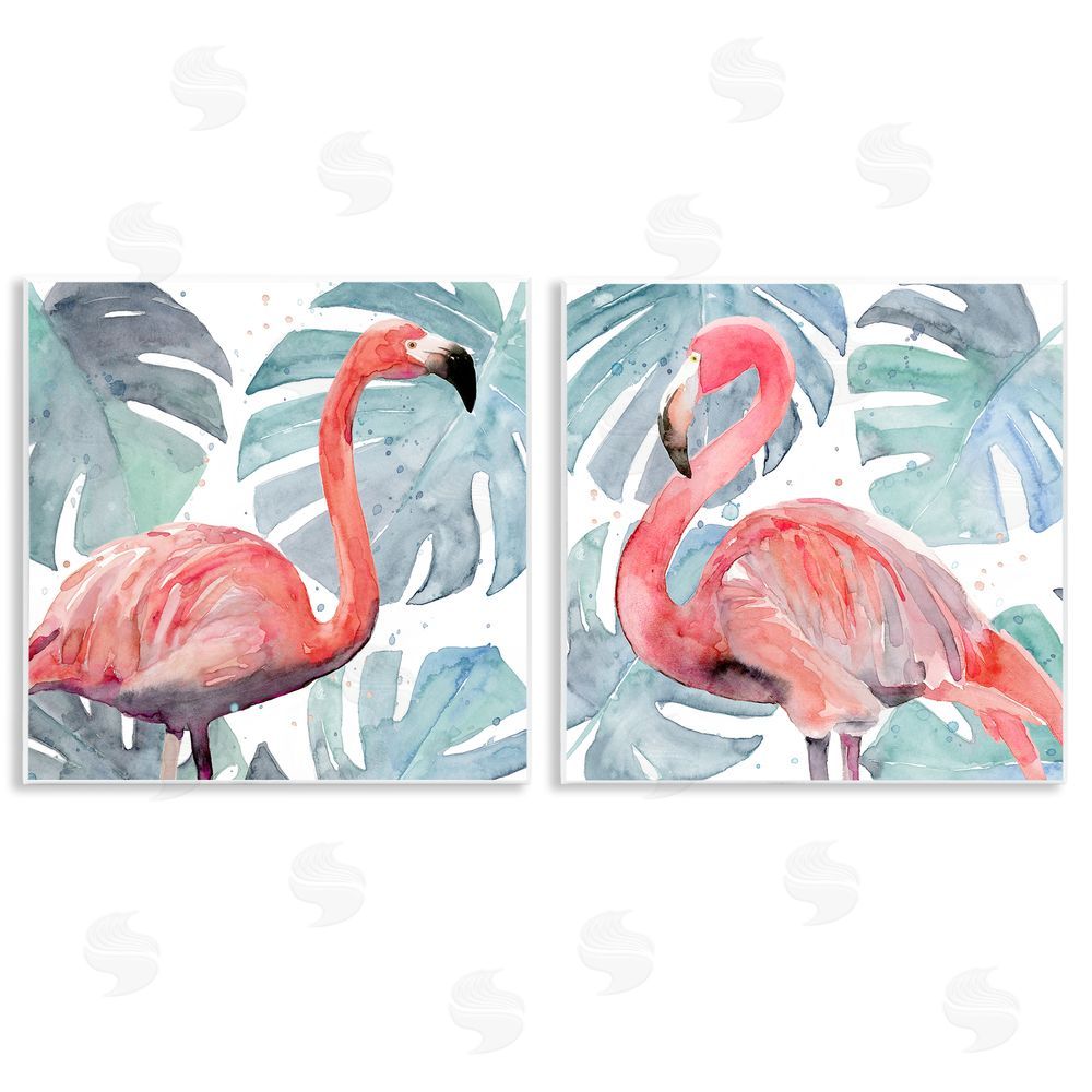 Annie Warren Tropical Flamingos with Green Monstera Plants Wooden Wall Plaque Art Print
